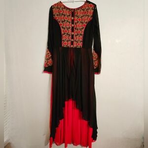 Vanya Anarkali Style Full Length Embroidered Red Black Gold Dress No Size